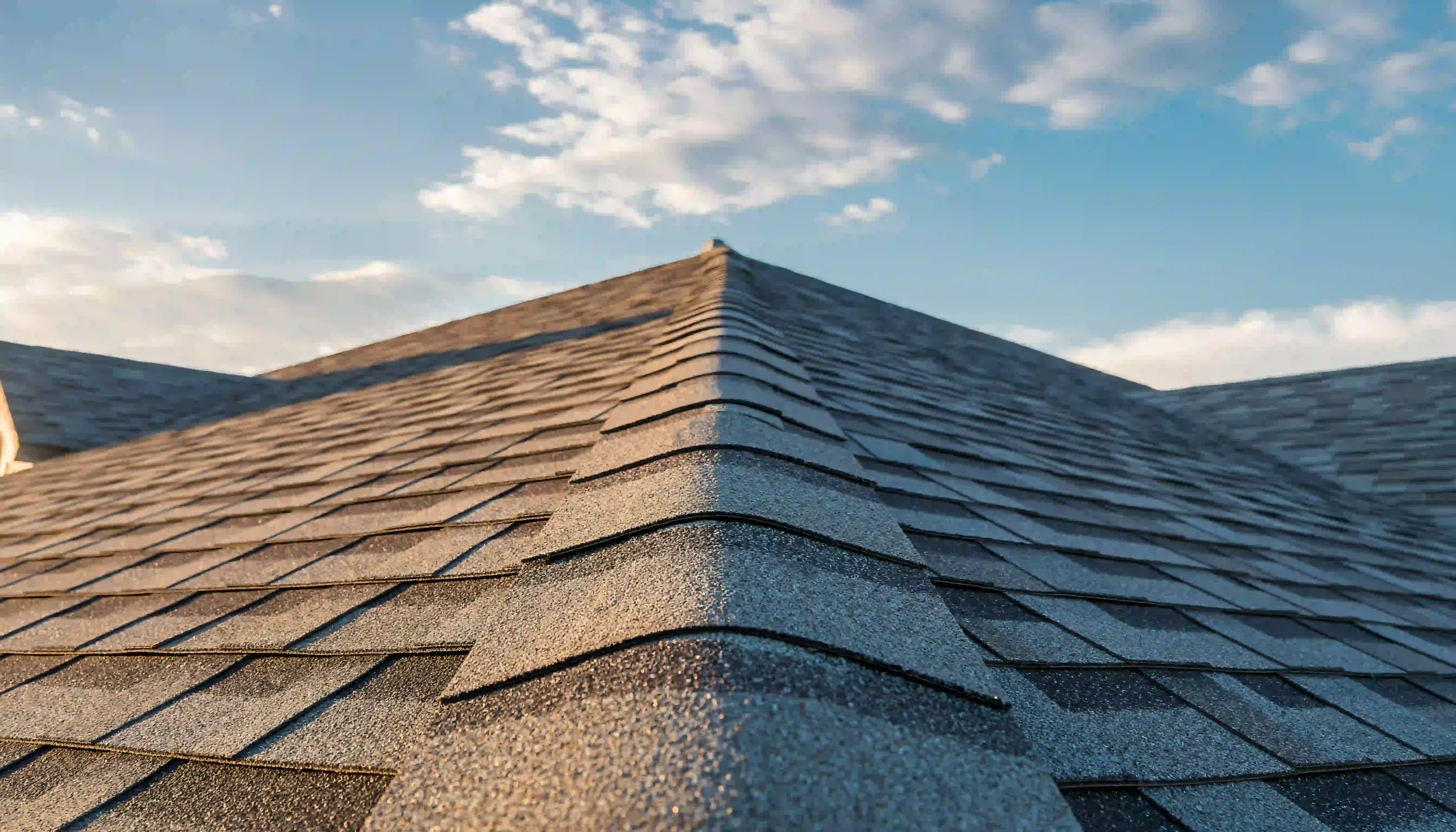 roof shingles texture with blue sky background for home construction and roofing industry photo